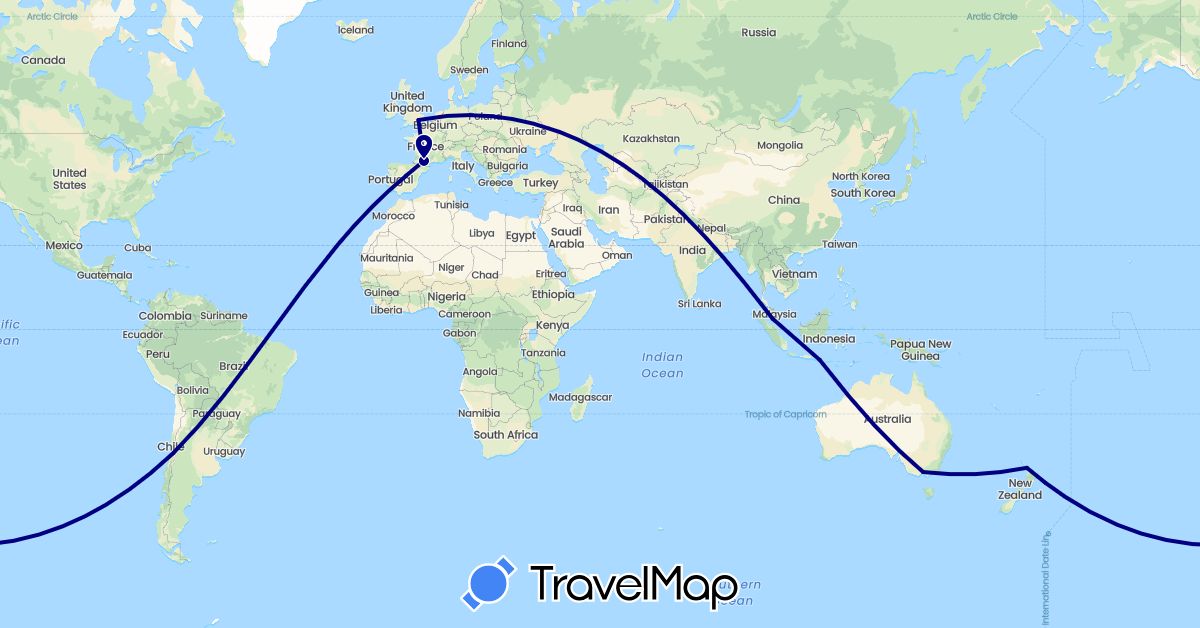 TravelMap itinerary: driving in Australia, Chile, Spain, France, United Kingdom, Indonesia, Malaysia, New Zealand (Asia, Europe, Oceania, South America)